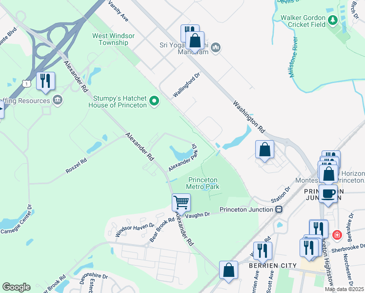 map of restaurants, bars, coffee shops, grocery stores, and more near 600 Alexander Park Drive in Princeton