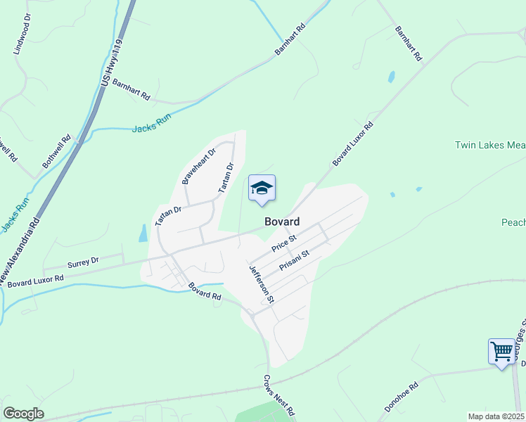 map of restaurants, bars, coffee shops, grocery stores, and more near 840 Bovard Luxor Road in Greensburg
