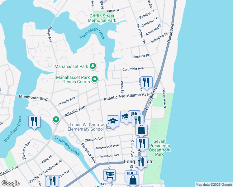 map of restaurants, bars, coffee shops, grocery stores, and more near 96 Atlantic Avenue in Long Branch