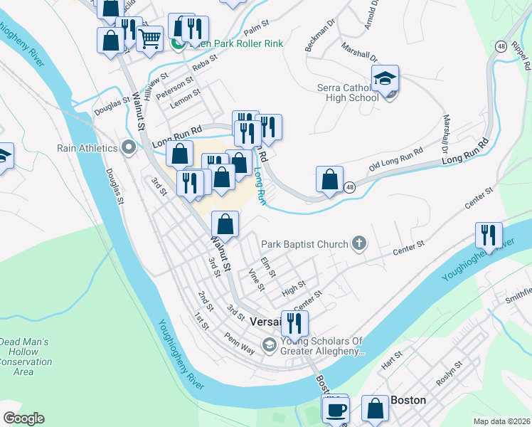 map of restaurants, bars, coffee shops, grocery stores, and more near 4605 Elm Street in McKeesport