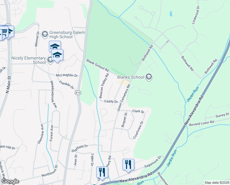 map of restaurants, bars, coffee shops, grocery stores, and more near 912 Academy Heights Drive in Greensburg