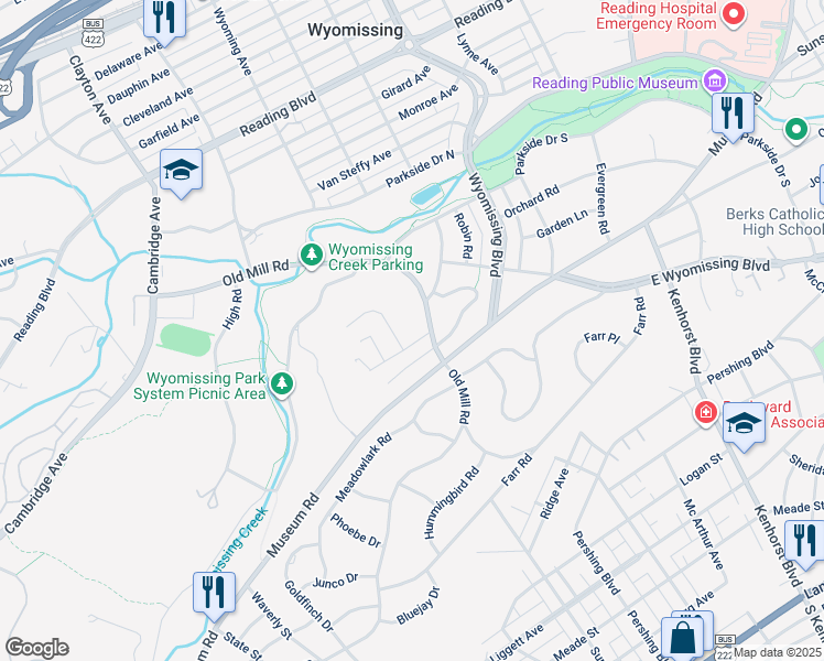 map of restaurants, bars, coffee shops, grocery stores, and more near 1148 Old Mill Road in Wyomissing