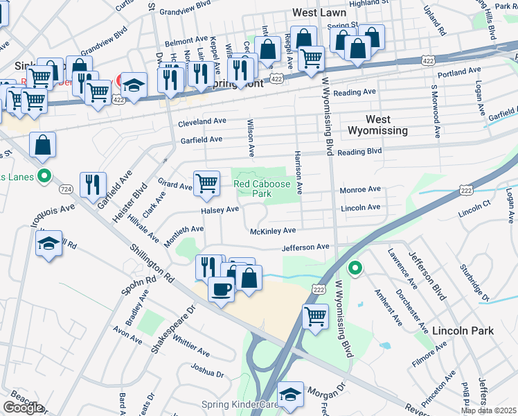 map of restaurants, bars, coffee shops, grocery stores, and more near 211 Halsey Avenue in Reading