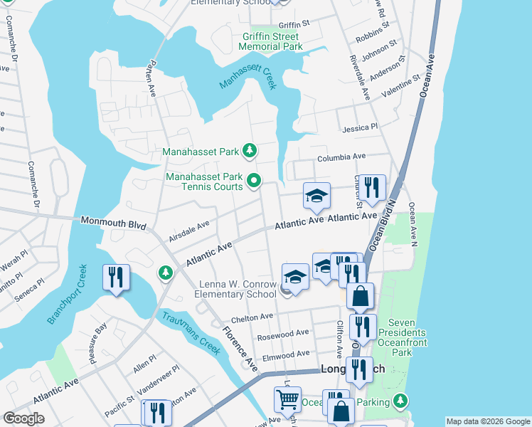 map of restaurants, bars, coffee shops, grocery stores, and more near 135 Atlantic Avenue in Long Branch