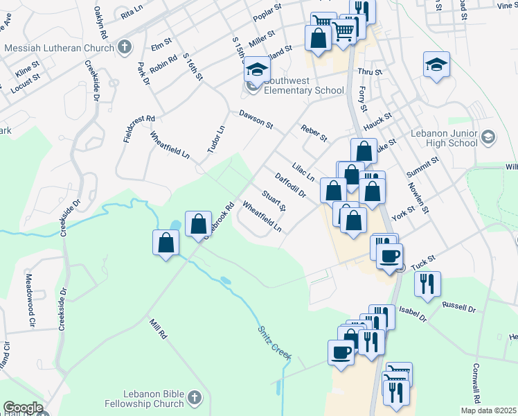map of restaurants, bars, coffee shops, grocery stores, and more near 1523 Wheatfield Lane in Lebanon