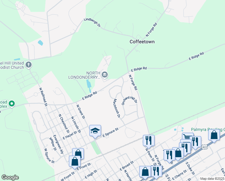map of restaurants, bars, coffee shops, grocery stores, and more near 56 Bartlett Circle in Palmyra