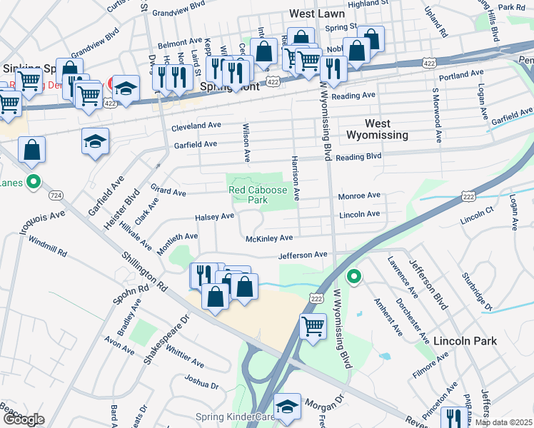 map of restaurants, bars, coffee shops, grocery stores, and more near 216 Halsey Avenue in West Lawn