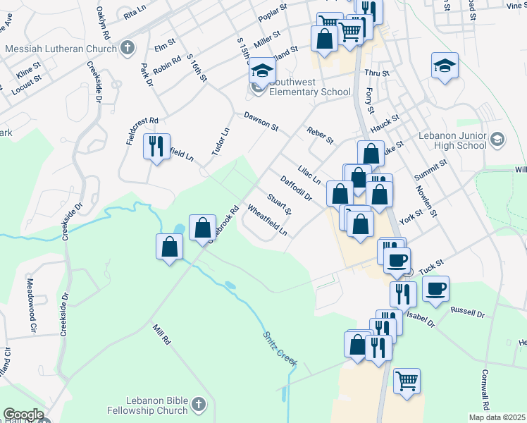 map of restaurants, bars, coffee shops, grocery stores, and more near 1523 Wheatfield Lane in Lebanon