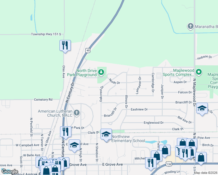 map of restaurants, bars, coffee shops, grocery stores, and more near 815 1/2 Pinecrest Drive in Rantoul