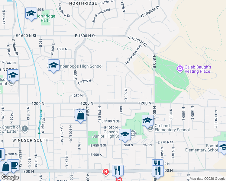 map of restaurants, bars, coffee shops, grocery stores, and more near 558 East 1265 North in Orem