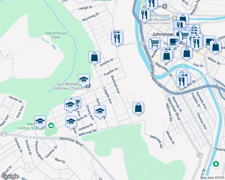 map of restaurants, bars, coffee shops, grocery stores, and more near 220 Luzerne Street in Johnstown