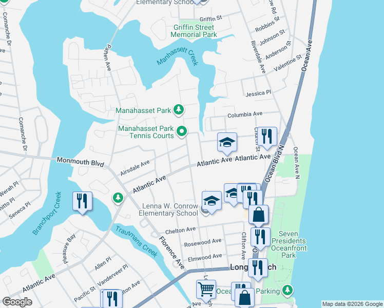 map of restaurants, bars, coffee shops, grocery stores, and more near 135 Atlantic Avenue in Long Branch