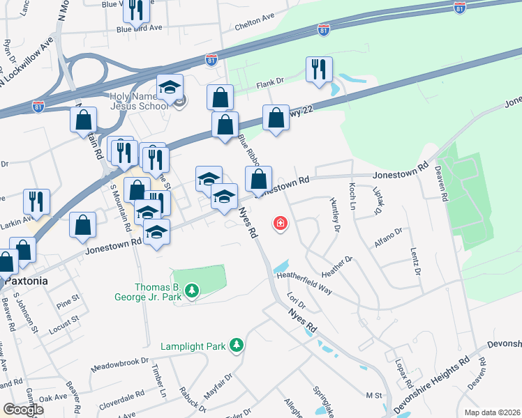 map of restaurants, bars, coffee shops, grocery stores, and more near 6201 Jonestown Road in Harrisburg