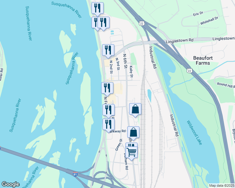 map of restaurants, bars, coffee shops, grocery stores, and more near 4118 Green Court in Harrisburg
