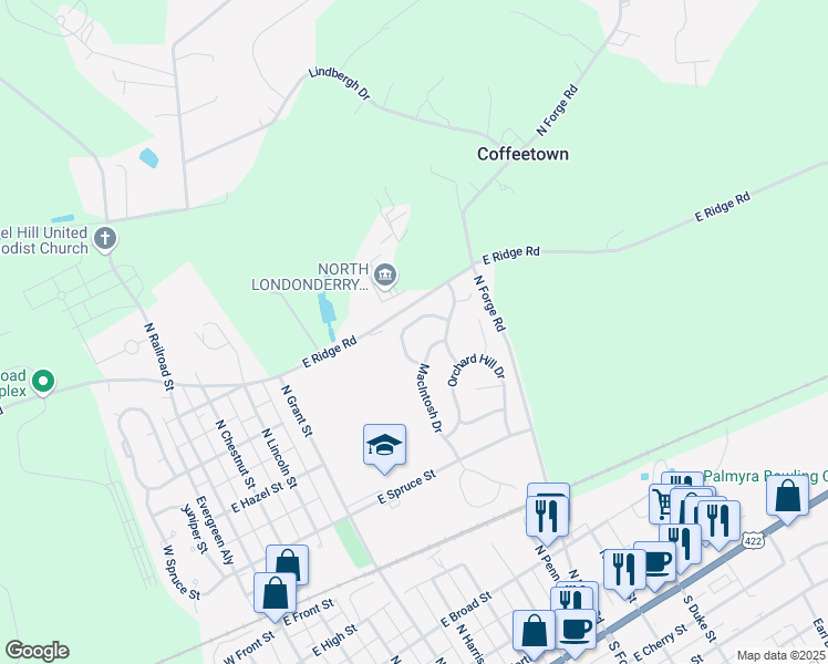 map of restaurants, bars, coffee shops, grocery stores, and more near 56 Bartlett Circle in Palmyra