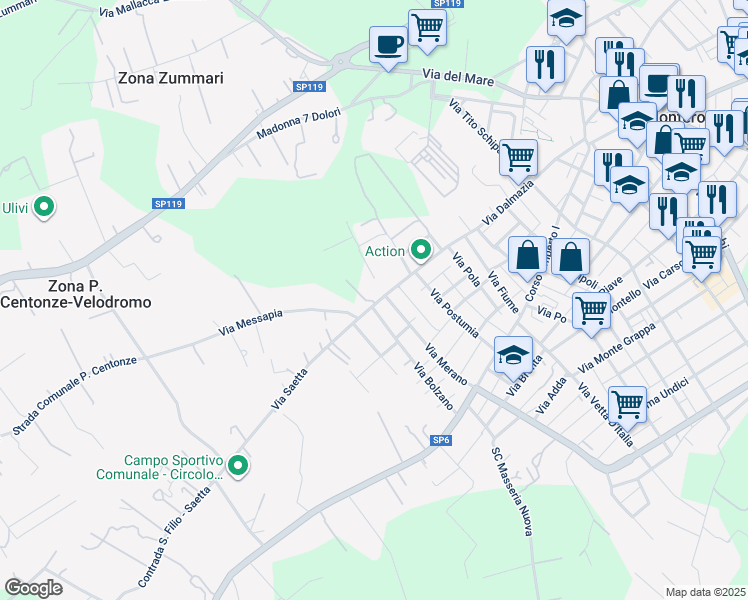 map of restaurants, bars, coffee shops, grocery stores, and more near 101 Via Bolzano in Monteroni di Lecce