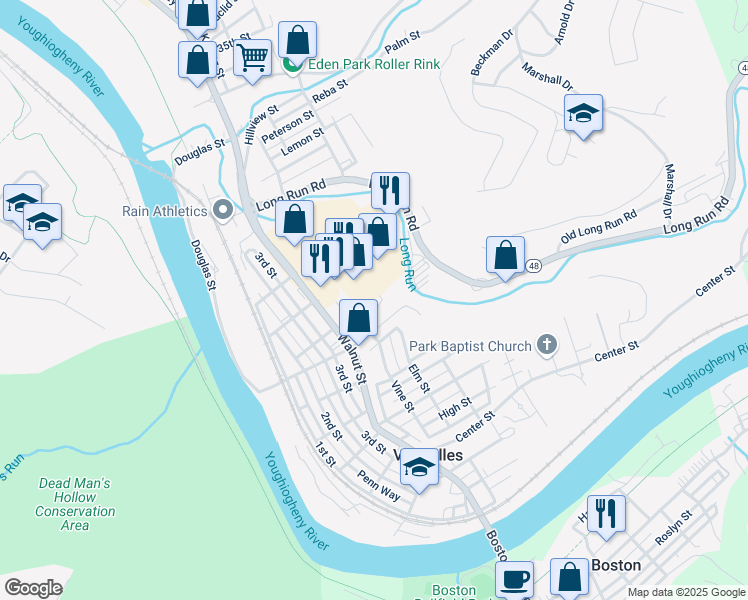 map of restaurants, bars, coffee shops, grocery stores, and more near 505 Olympia Park Plaza in McKeesport