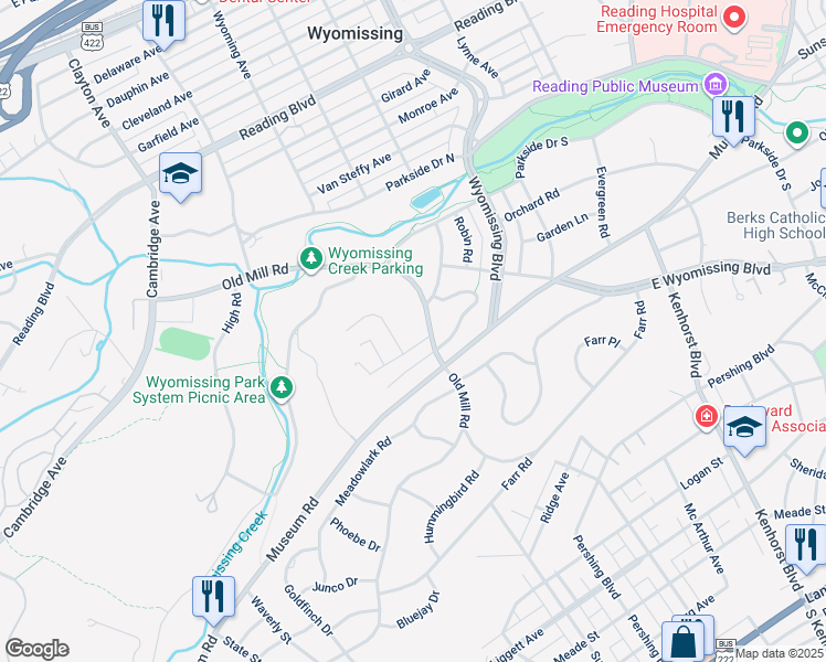 map of restaurants, bars, coffee shops, grocery stores, and more near 1148 Old Mill Road in Wyomissing