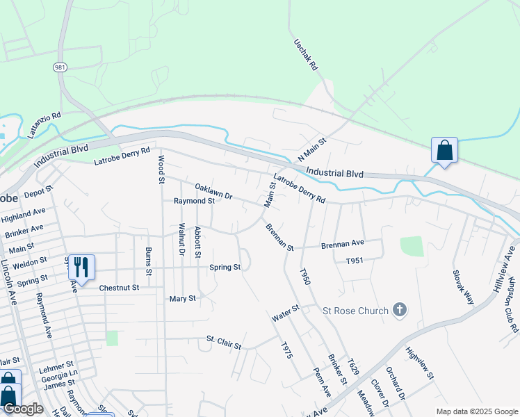 map of restaurants, bars, coffee shops, grocery stores, and more near 104 Brennan Avenue in Latrobe