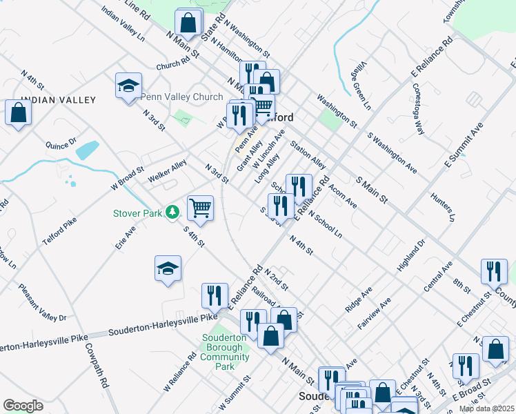 map of restaurants, bars, coffee shops, grocery stores, and more near 312 West Hamlin Avenue in Telford