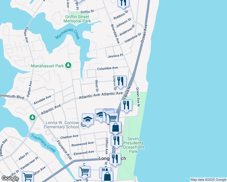 map of restaurants, bars, coffee shops, grocery stores, and more near 65 Atlantic Avenue in Long Branch