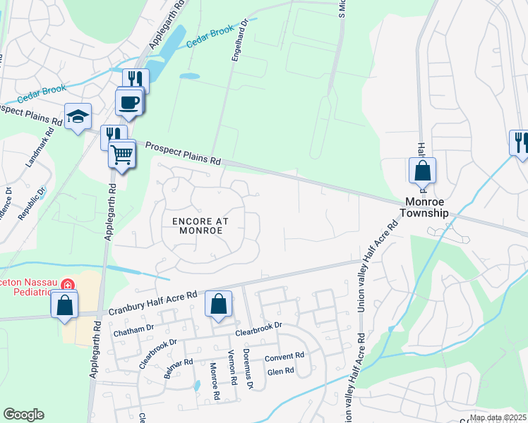 map of restaurants, bars, coffee shops, grocery stores, and more near 61 Lakehurst Way in Monroe Township