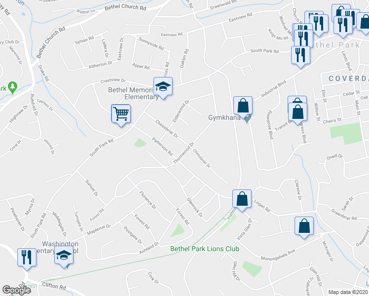 map of restaurants, bars, coffee shops, grocery stores, and more near 430 Chessbriar Drive in Bethel Park