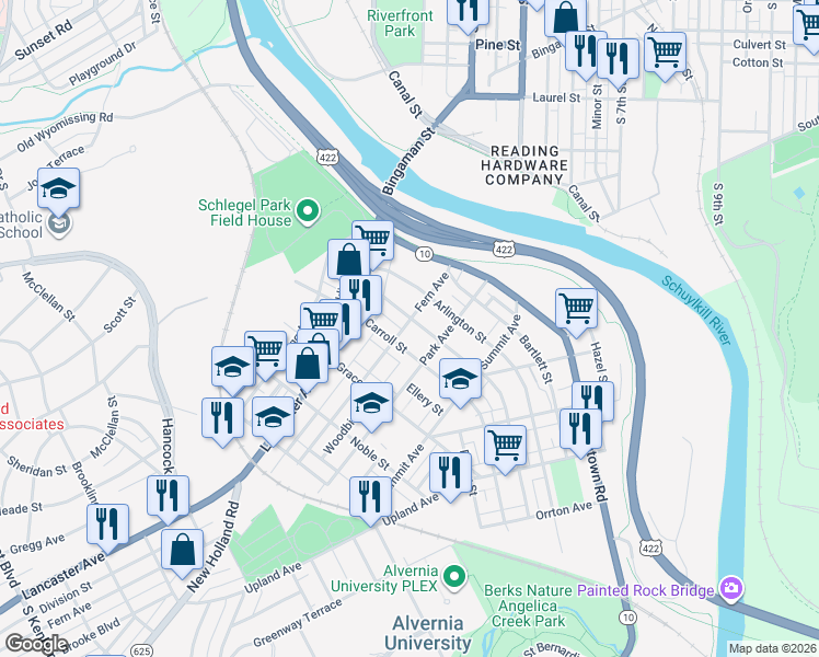 map of restaurants, bars, coffee shops, grocery stores, and more near 108 Carroll Street in Reading