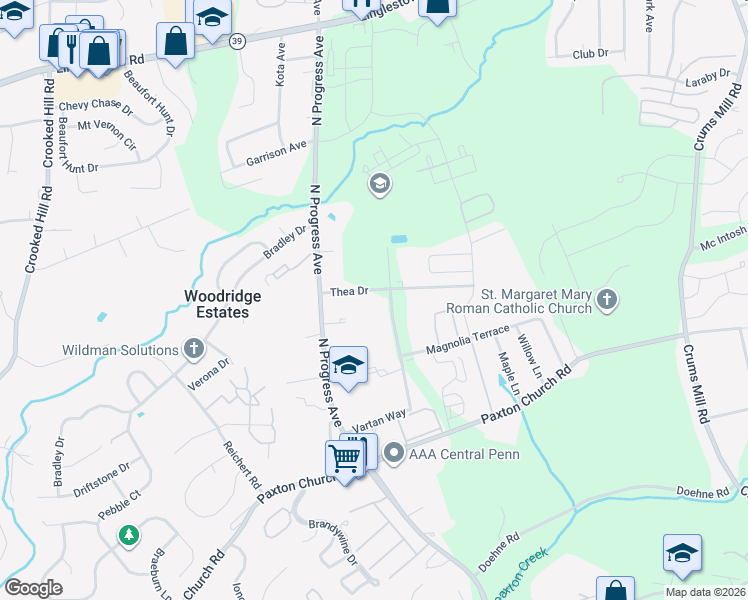 map of restaurants, bars, coffee shops, grocery stores, and more near 2499 Thea Dr in Harrisburg