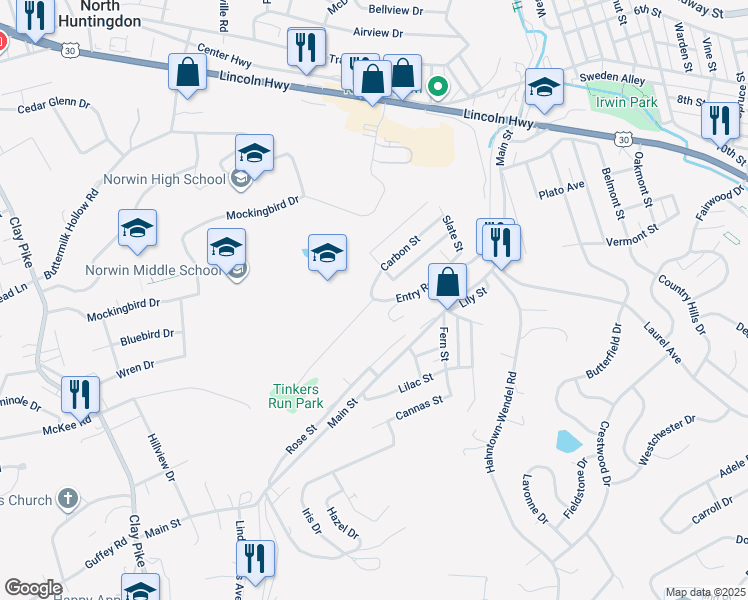 map of restaurants, bars, coffee shops, grocery stores, and more near 791 Entry Road in North Huntingdon