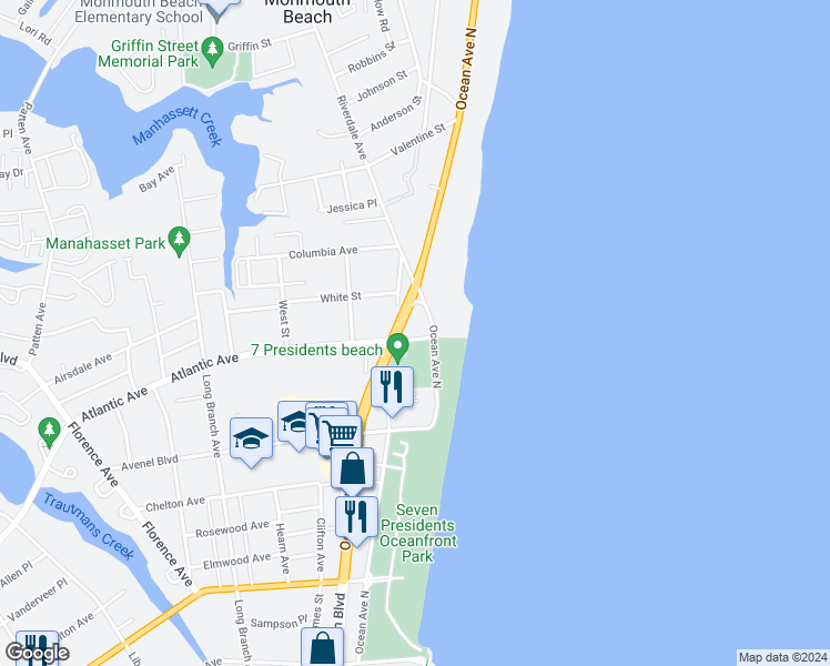 map of restaurants, bars, coffee shops, grocery stores, and more near 464 Ocean Avenue in Long Branch
