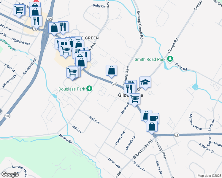 map of restaurants, bars, coffee shops, grocery stores, and more near 1228 East Philadelphia Avenue in Gilbertsville
