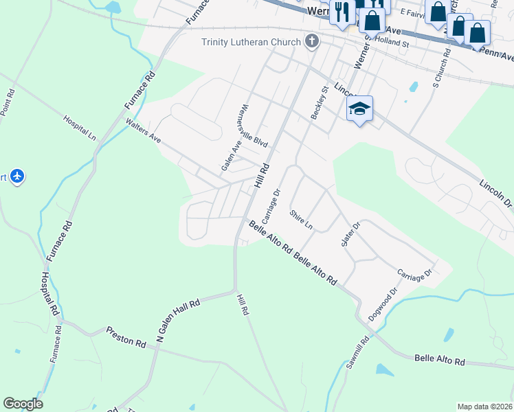 map of restaurants, bars, coffee shops, grocery stores, and more near 12 Carriage Drive in Wernersville