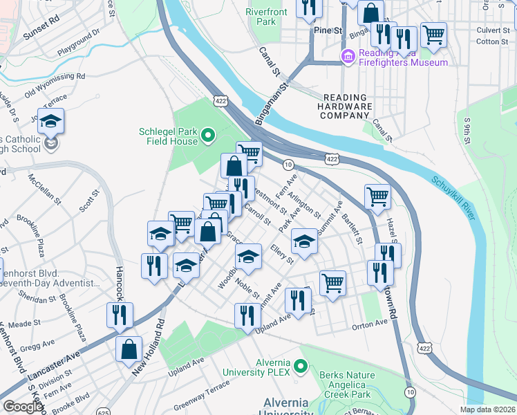 map of restaurants, bars, coffee shops, grocery stores, and more near 39 Crestmont Street in Reading