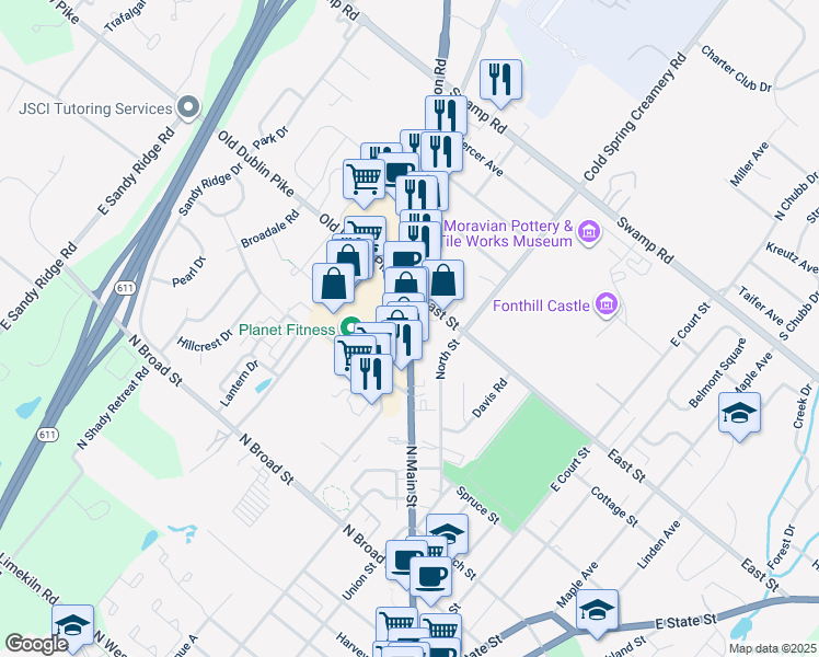 map of restaurants, bars, coffee shops, grocery stores, and more near 465 N Main St in Doylestown