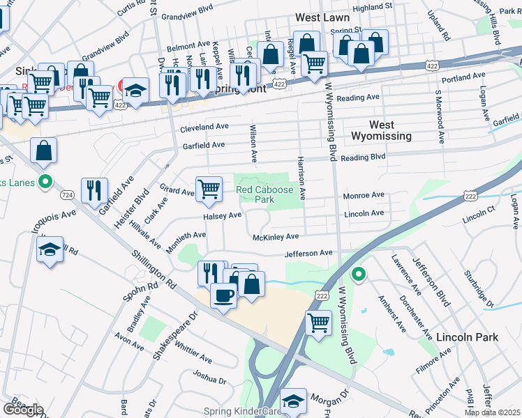 map of restaurants, bars, coffee shops, grocery stores, and more near 211 Halsey Avenue in Reading