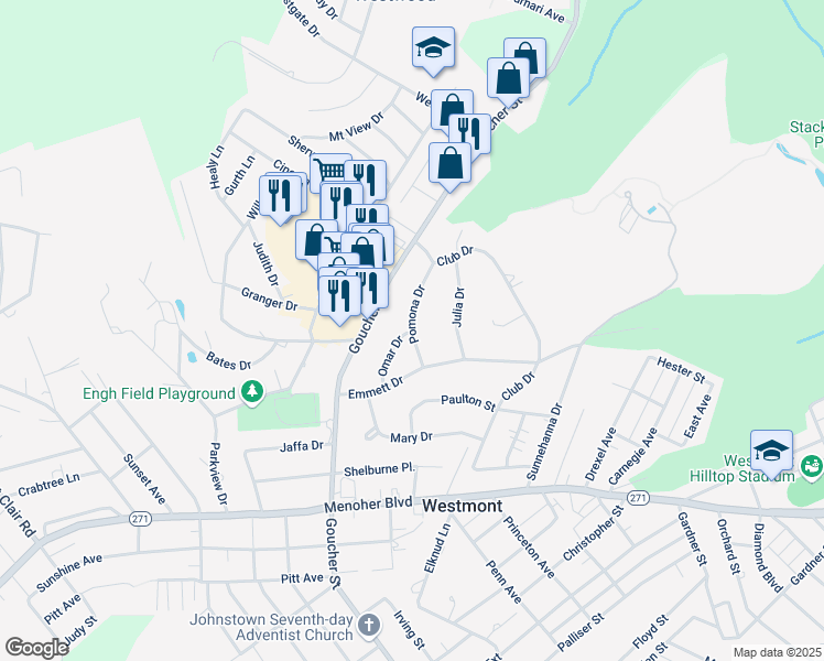 map of restaurants, bars, coffee shops, grocery stores, and more near 1099 Omar Dr in Johnstown