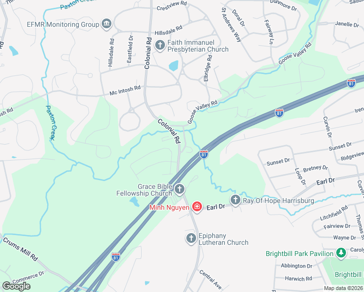 map of restaurants, bars, coffee shops, grocery stores, and more near 1498 Colonial Road in Harrisburg
