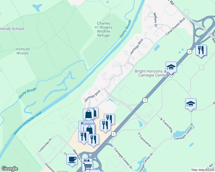 map of restaurants, bars, coffee shops, grocery stores, and more near 309 Trinity Court in Princeton