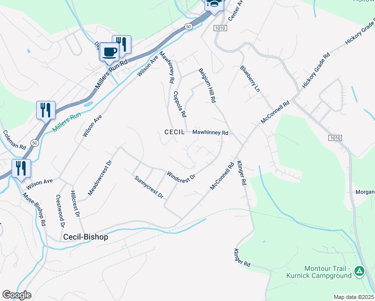 map of restaurants, bars, coffee shops, grocery stores, and more near 101 Valleycrest Drive in Cecil-Bishop