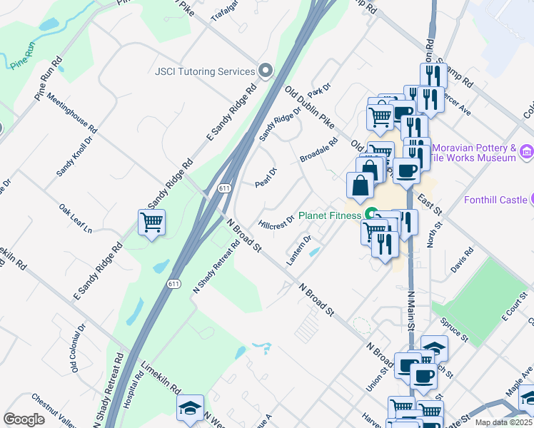 map of restaurants, bars, coffee shops, grocery stores, and more near 37 Crestland Terrace in Doylestown