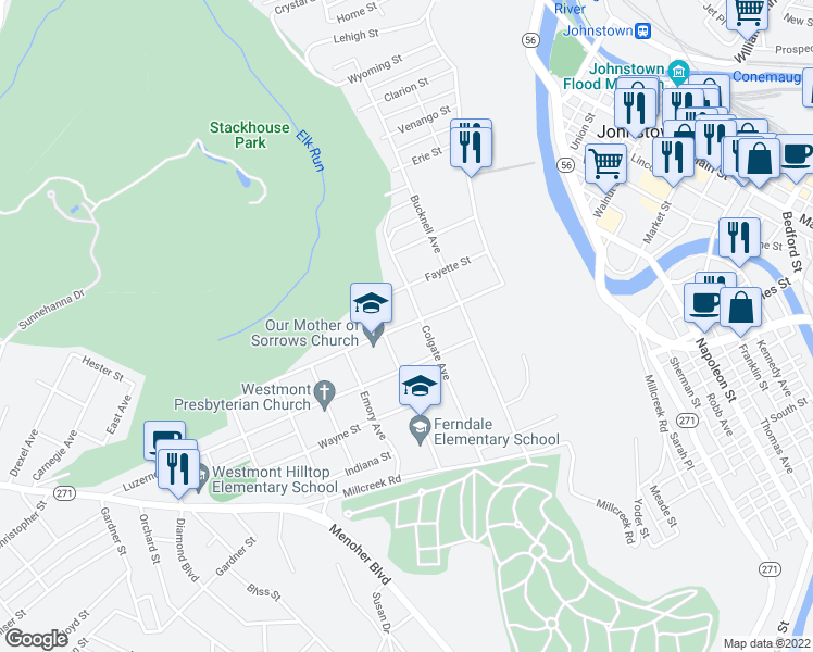 map of restaurants, bars, coffee shops, grocery stores, and more near 338 Tioga Street in Johnstown