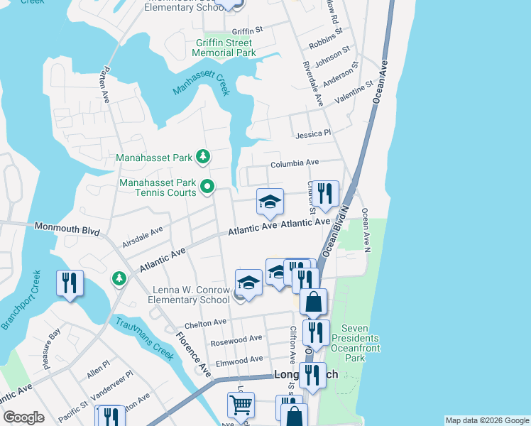 map of restaurants, bars, coffee shops, grocery stores, and more near 98 Jeroleman Avenue in Long Branch