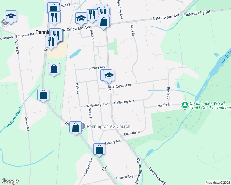 map of restaurants, bars, coffee shops, grocery stores, and more near 245 South Main Street in Pennington
