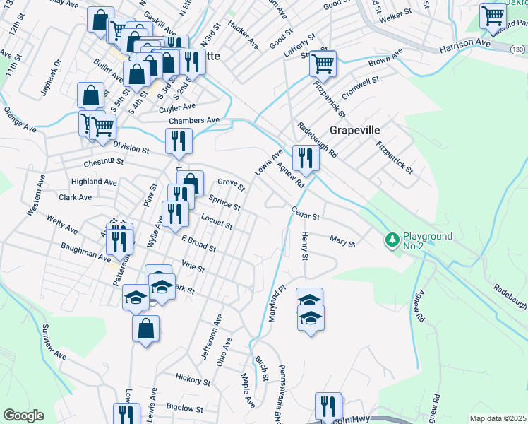 map of restaurants, bars, coffee shops, grocery stores, and more near 305 Charles Terrace in Jeannette