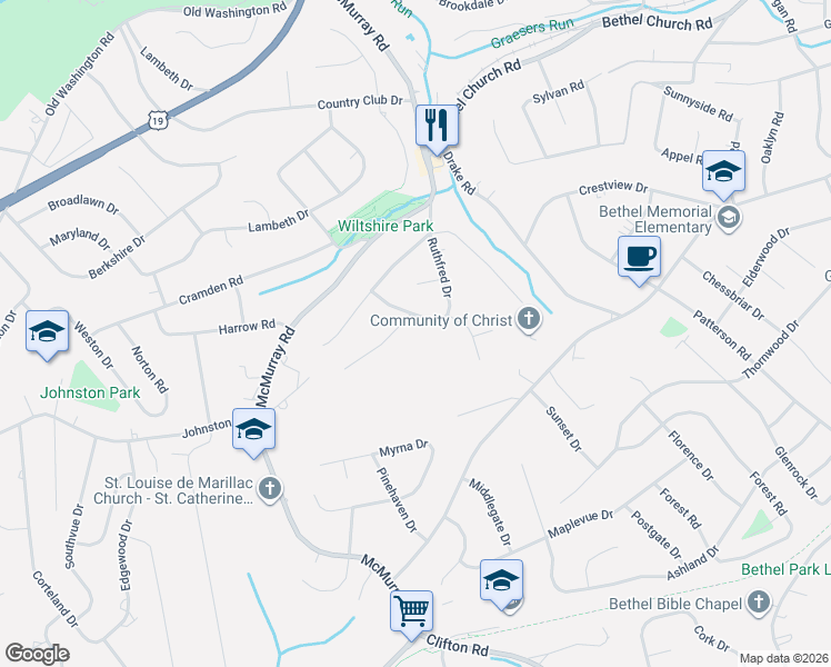 map of restaurants, bars, coffee shops, grocery stores, and more near 54 Ruthfred Drive in Pittsburgh