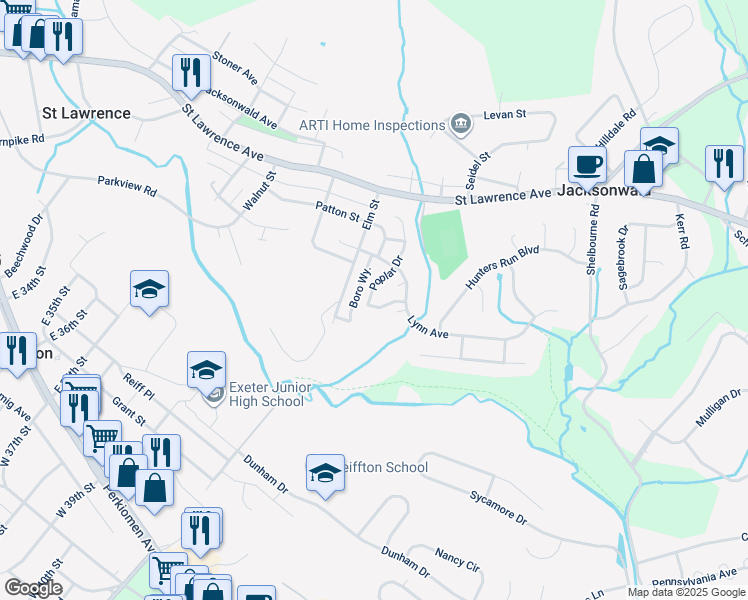 map of restaurants, bars, coffee shops, grocery stores, and more near 3901 Penns Drive in Reading