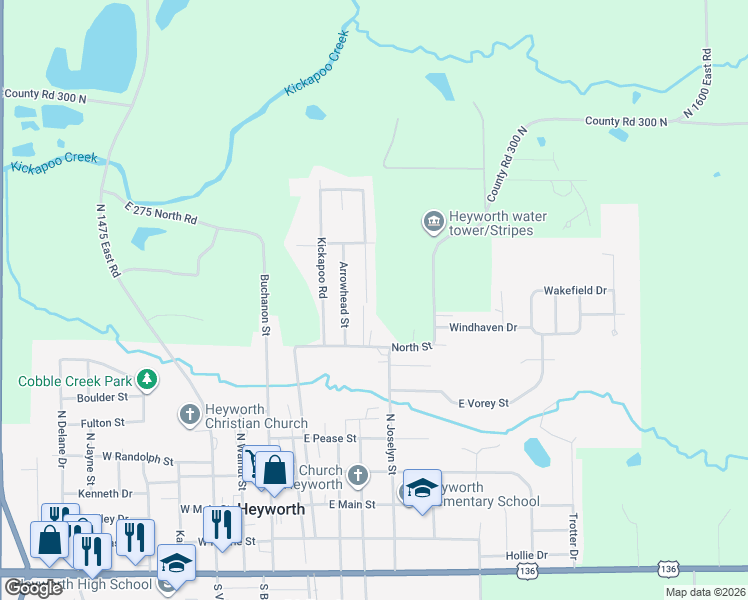 map of restaurants, bars, coffee shops, grocery stores, and more near 609 Tomahawk Court in Heyworth