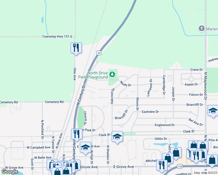 map of restaurants, bars, coffee shops, grocery stores, and more near 358 North Drive in Rantoul