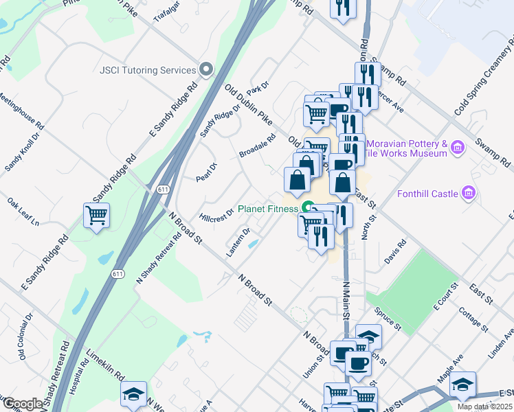 map of restaurants, bars, coffee shops, grocery stores, and more near 30 Woodbridge Drive in Doylestown
